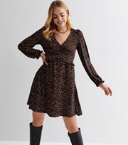 New Look Brown Animal Print Jersey Ruched Long Sleeve Mini Dress